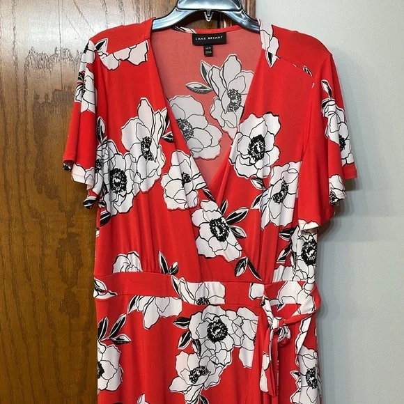 LANE BRYANT UEC 14/16 Floral Faux Wrap Maxi Dress Red White High-Low Ruffle - Picture 3 of 11